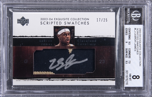 2003-04 UD "Exquisite Collection" Scripted Swatches #LJ LeBron James Signed Game Used Patch Rookie Card (#17/25) – BGS NM-MT 8/BGS 10